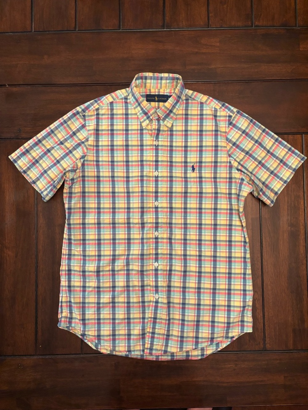Ralph Lauren Short Sleeve Plaid Button-Down Shirt in Yellow, Blue & Red Medium